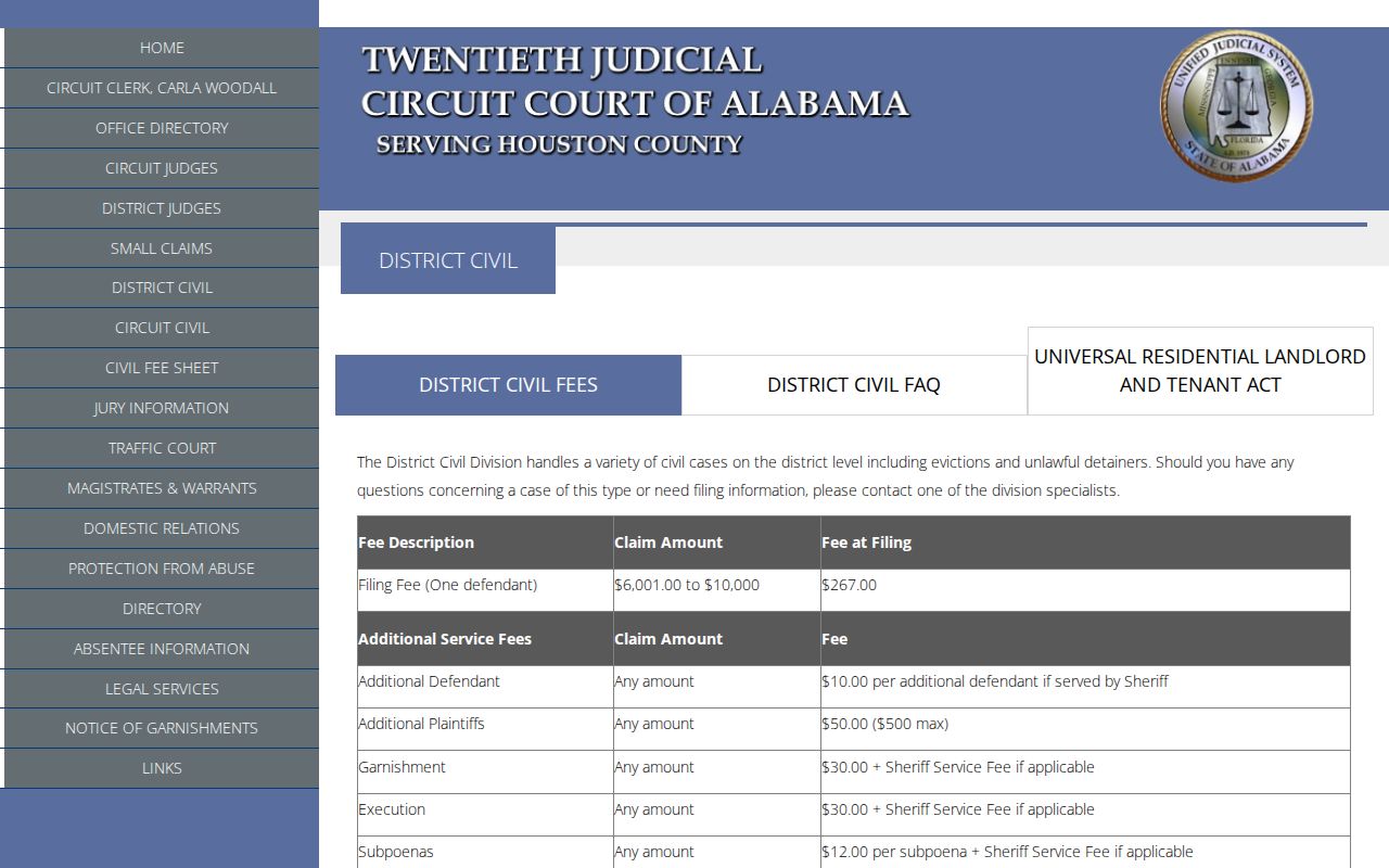Houston County civil docket jurisdiction and District Civil fee table