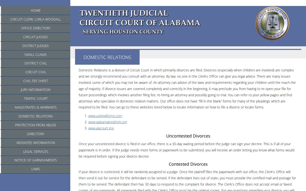 Houston County civil docket Domestic Relations fee and decree information