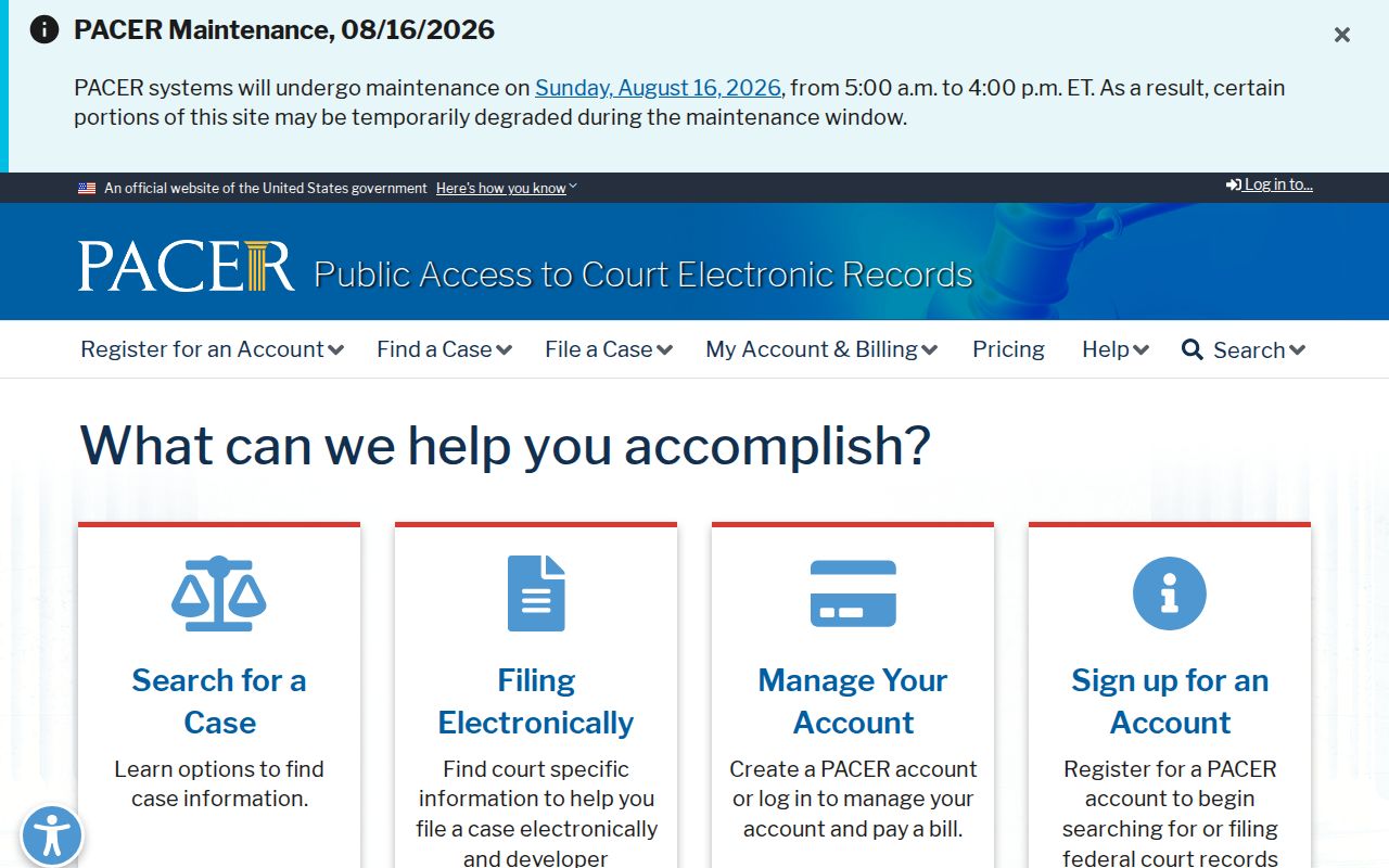 PACER search interface for federal Houston County court records