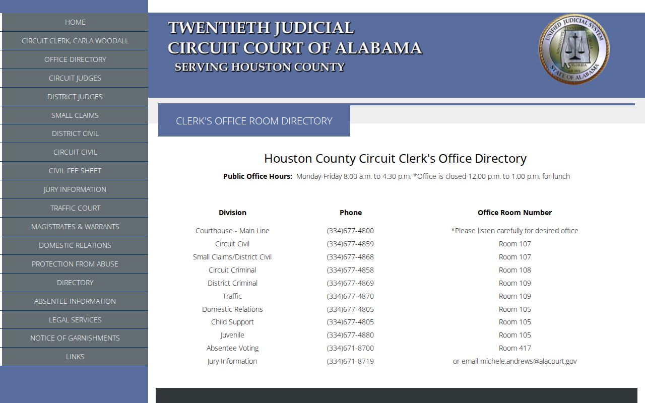 Houston County court docket division room directory